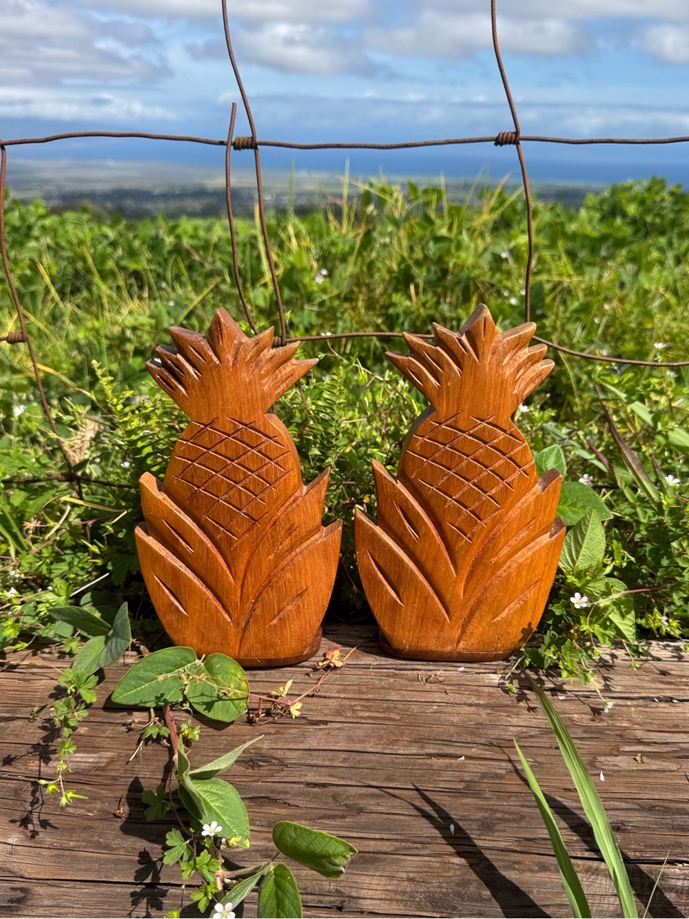 Vintage carved wooden pineapple bookends Hawaii Tiki Mid Century look